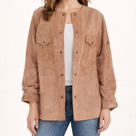 Unbranded Jackets & Blazers - Vintage Tan Brown Leather Utility Jacket M/L Snap Front Shacket 100% Leather